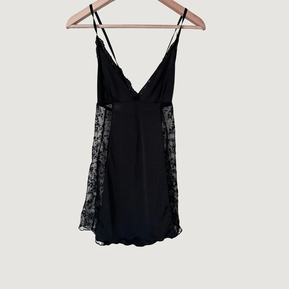 Black Lace Trim V-Neck Chemise Nightgown Sheer Side Panels Sleepwear Medium